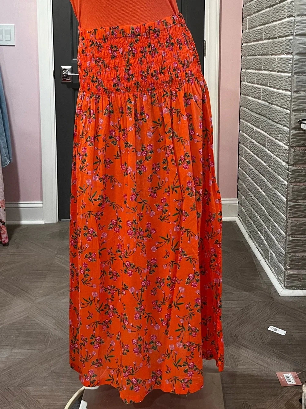 J. Crew Orange Floral Maxi Skirt with Smocked Waist